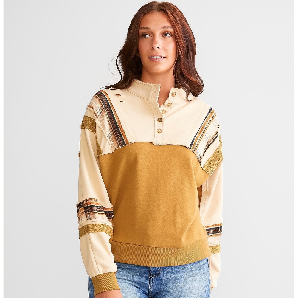 Miss Me Pieced Henley Sweatshirt Small Camel Plaid Distressed Patchwork Boho